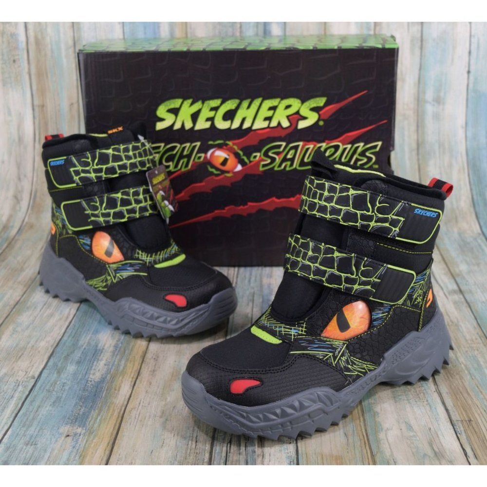 Skechers Skech-O-Saurus Kids Size 5 Dino Chill Water Repellent Boots Black Lime